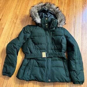 Lands End Coat Womens Small Green Faux Fur Hooded Down Jacket Belted